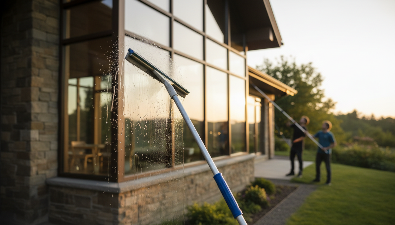 photo réaliste d'une maison avec une grande baie vitrée, la lumière du soleil traverse les vitres, deux personnes travaillent avec des perches télescopiques, l'accent sur un squeegee en action pour le nettoyage, image floutée pour plus de réalisme si nécessaire